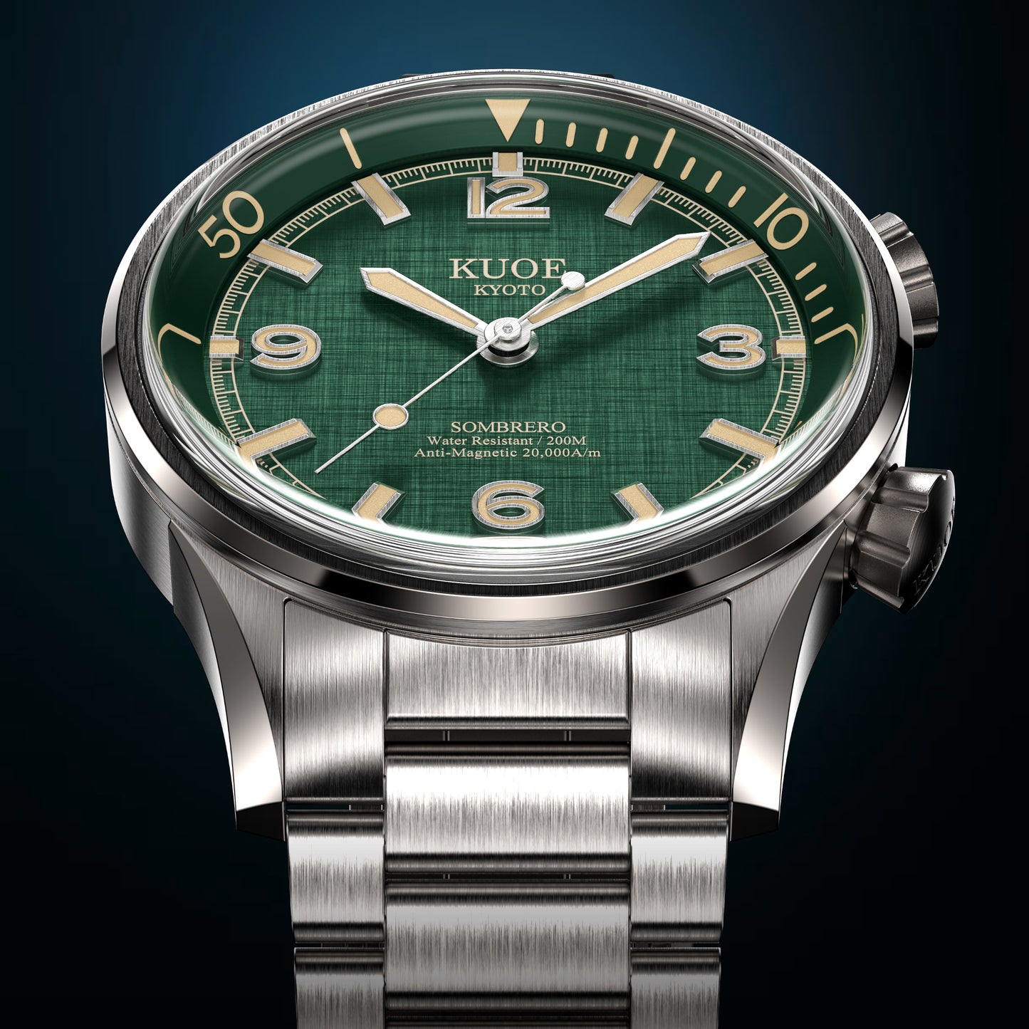 KUOE SOMBRERO 90-011, 38 mm, Green Linen Textured Dial, 20 BAR Wasserdicht
