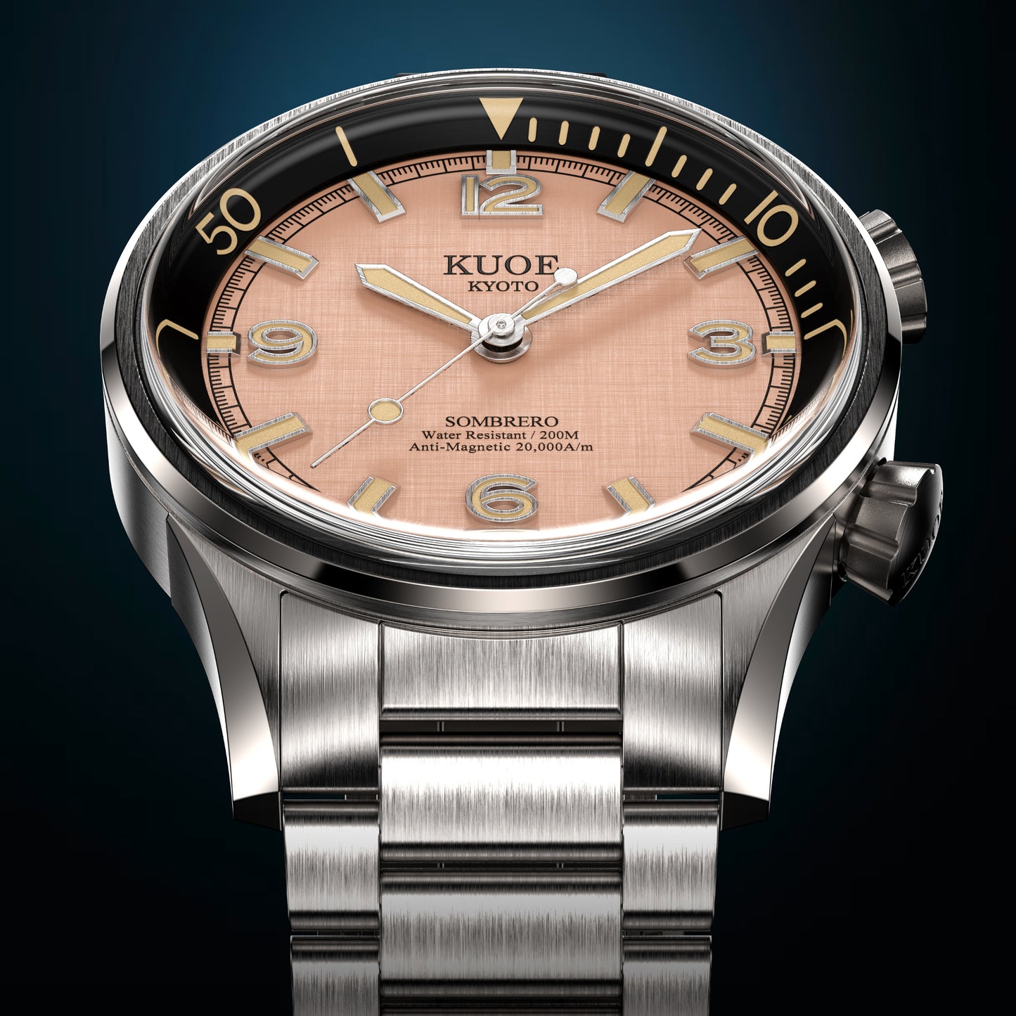 KUOE SOMBRERO 90-011, 38 mm, Salmon Pink Linen Textured Dial, 20 BAR Wasserdicht