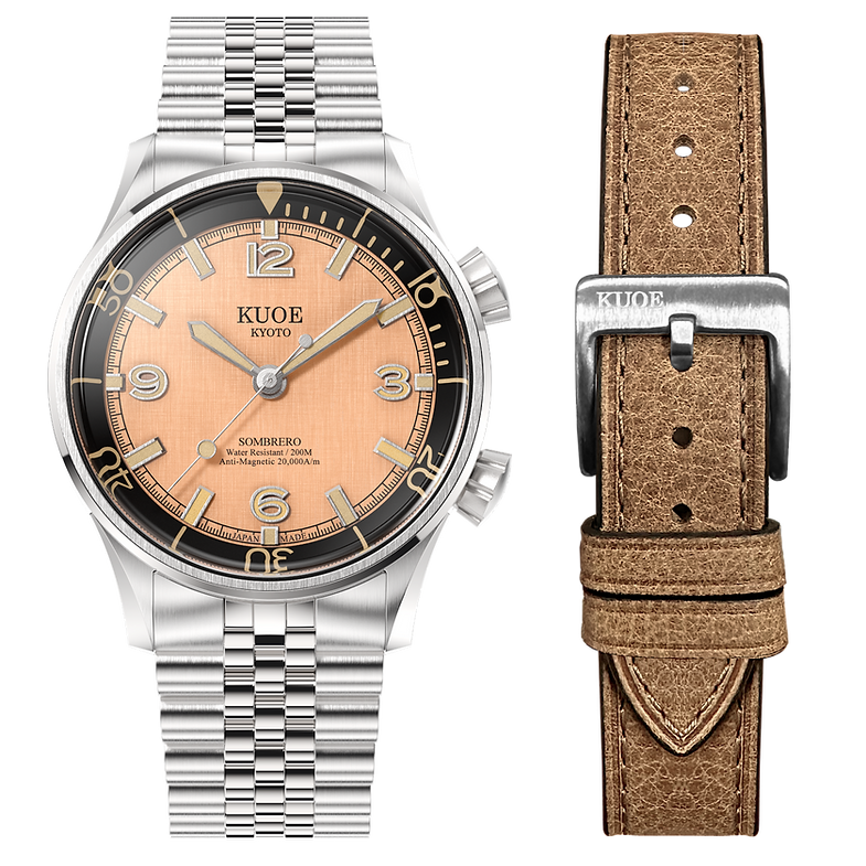 KUOE SOMBRERO 90-011, 38 mm, Salmon Pink Linen Textured Dial, 20 BAR Wasserdicht