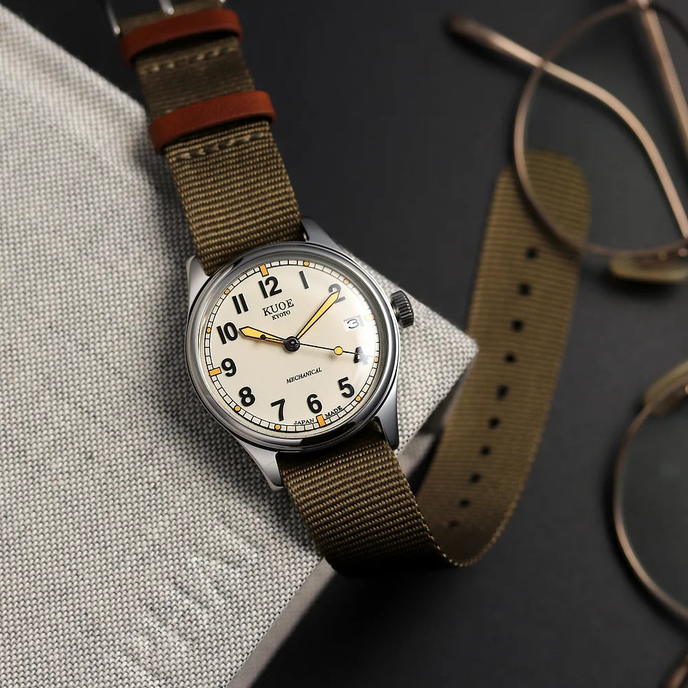 KUOE Original Nylon Strap, 18mm, Khaki, Silver Clasp