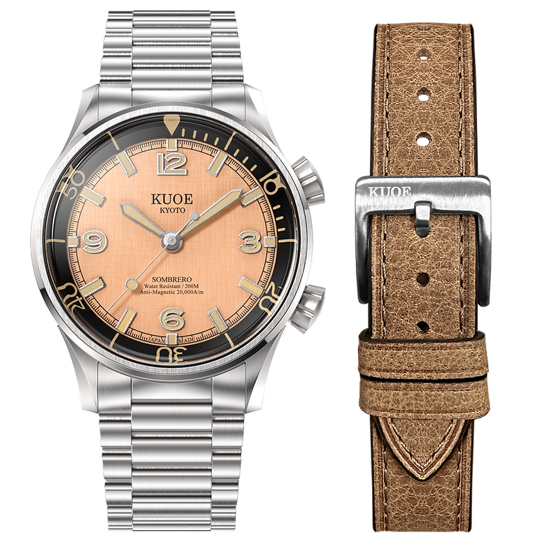 KUOE SOMBRERO 90-011, 38 mm, Salmon Pink Linen Textured Dial, 20 BAR Wasserdicht