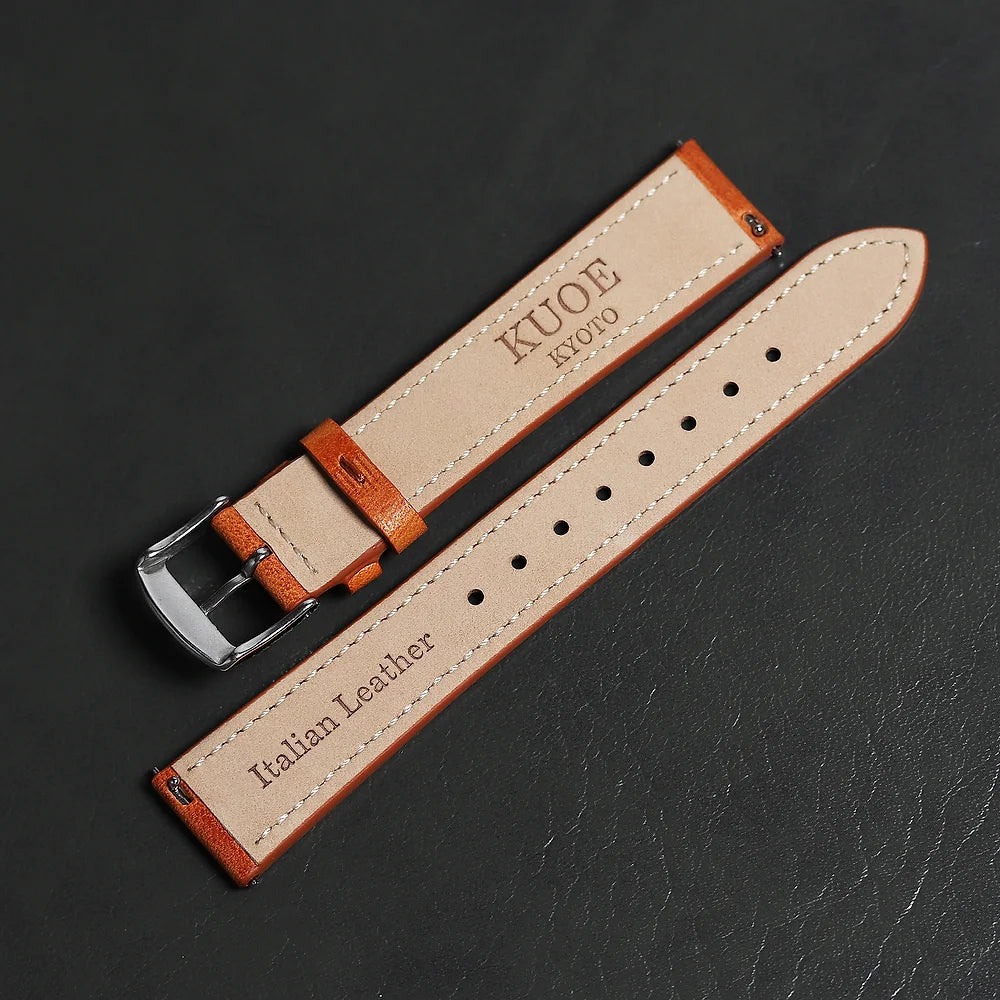 KUOE Original Leather Strap, 18mm, Tan, made of Italian leather, silver clasp
