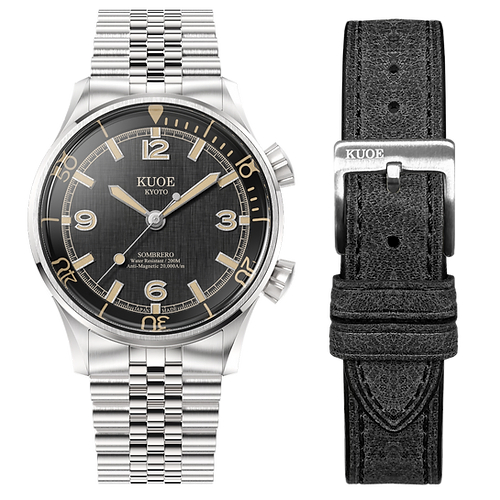 KUOE SOMBRERO 90-011, 38 mm, Black Linen Textured Dial, 20 BAR Water Resistant