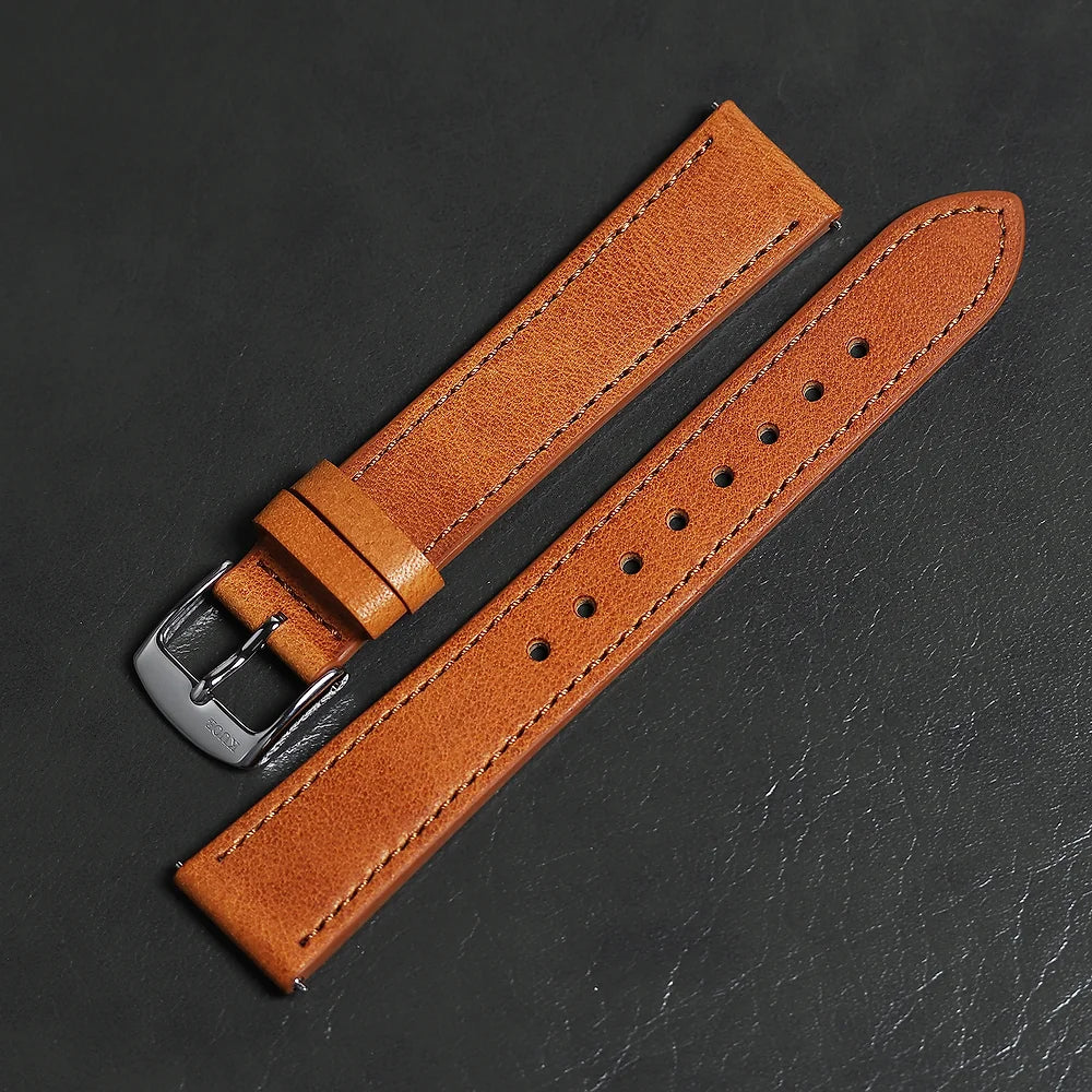 KUOE Original Leather Strap, 18mm, Tan, made of Italian leather, silver clasp