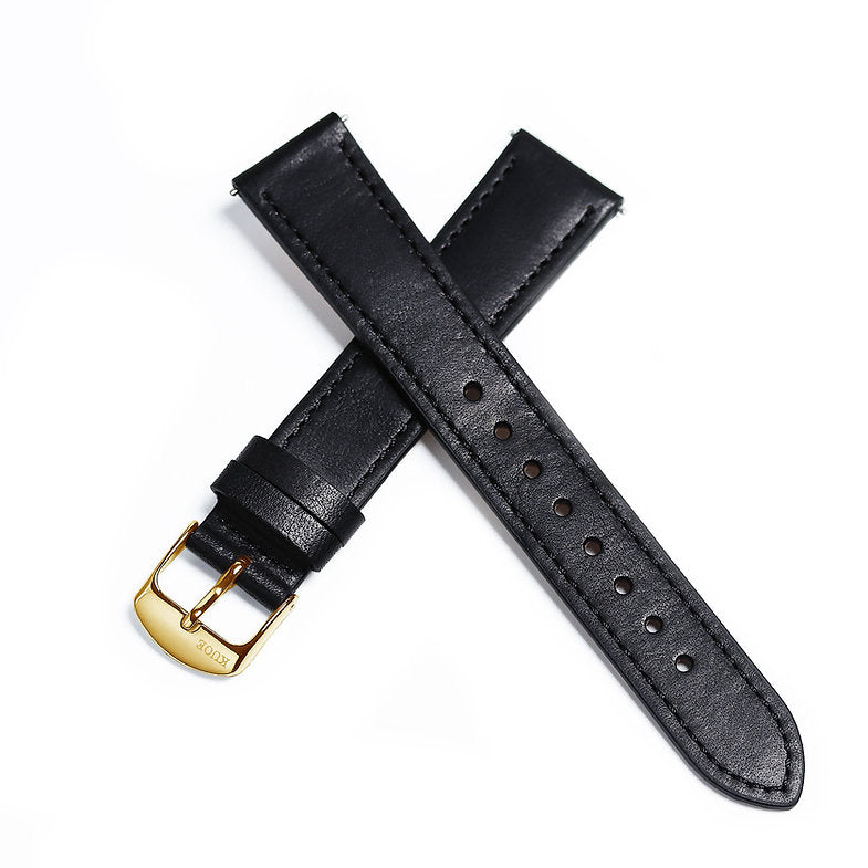KUOE Original Lederarmband, 18mm, schwarz aus italienischem Leder, goldene Schließe