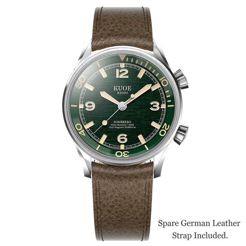 KUOE SOMBRERO 90-011, 38 mm, Green Linen Textured Dial, 20 BAR Wasserdicht