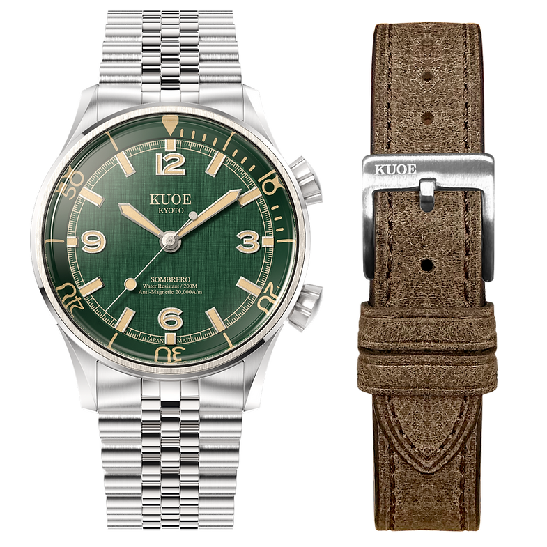 KUOE SOMBRERO 90-011, 38 mm, Green Linen Textured Dial, 20 BAR Wasserdicht