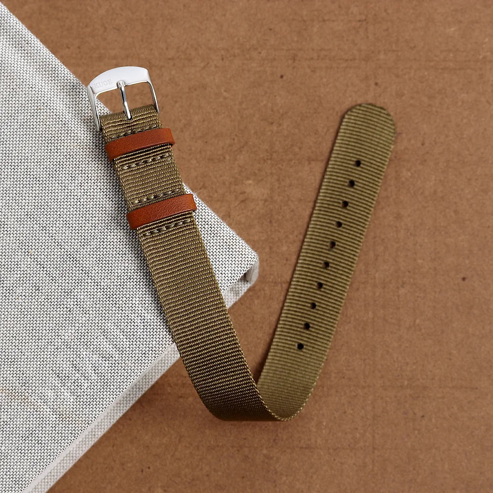 KUOE Original Nylon Strap, 18mm, Khaki, Silver Clasp