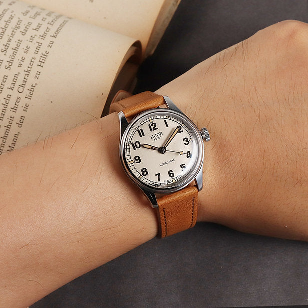 KUOE Original Leather Strap, 18mm, Tan, made of Italian leather, silver clasp