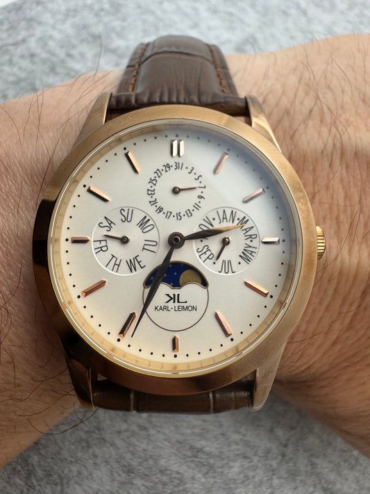 KARL-LEIMON Classic Pioneer – Calendrier complet avec phases de lune – Or rose/Blanc