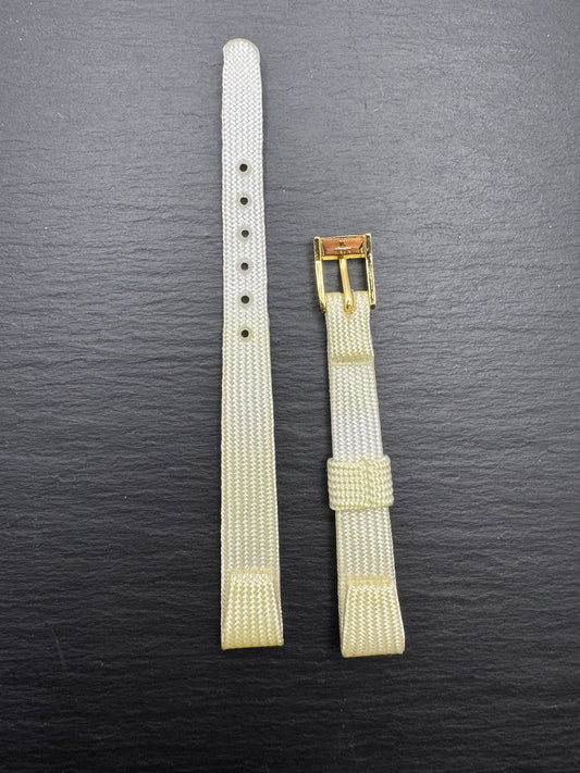 WORLD FIRST – Vintage NOS gewebtes Textilband (Perlon-Stil) in Weiß/Creme, 11 mm, goldfarbene Schließe, mit Box (Japan)