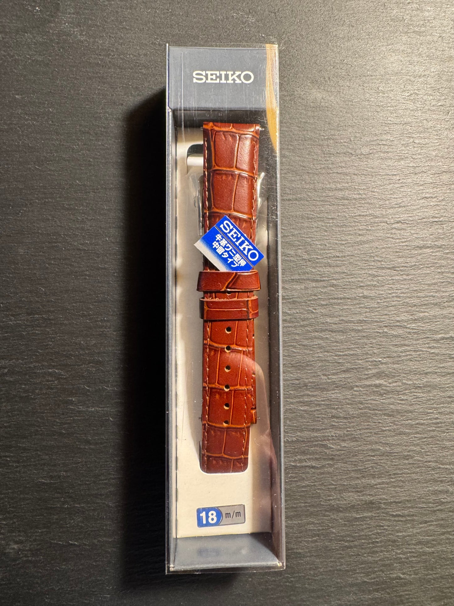 Original Seiko Armband RS05C18BN 18-16 – 18 mm, Kalbsleder mit Krokodilprägung, braun, Faltschließe (JDM)