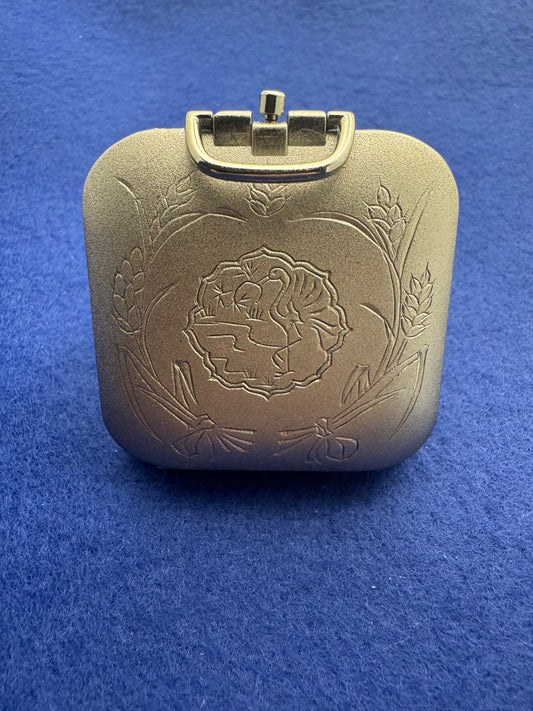 Japanese pocket alarm clock – quartz – engraved folding case with crane and ear of corn motif