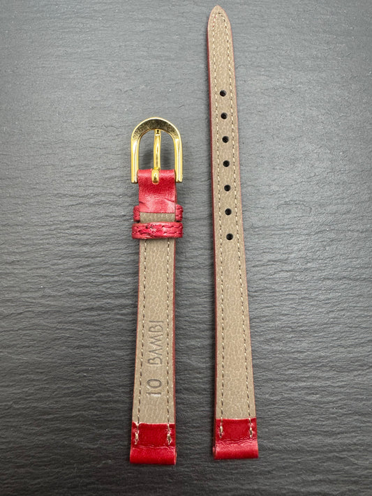 Bambi – Vintage NOS Kalbslederband, 10 mm, Weinrot, goldfarbene signierte Schließe (Japan)