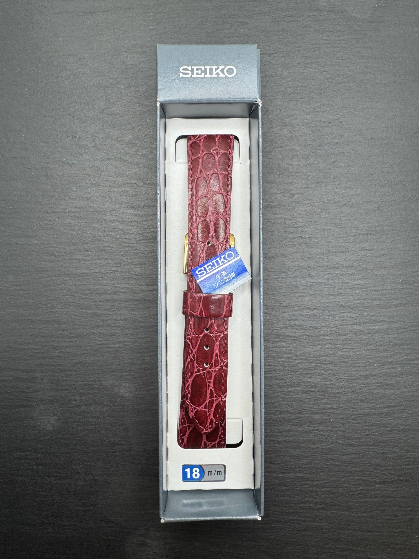 SEIKO Leather Strap DE85 (18-15) – Calfskin, Crocodile Embossed, Bordeaux, Gold Plated Buckle