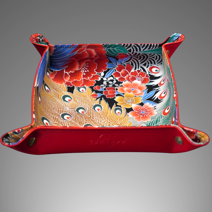 Exclusive watch and jewelry tray – handmade unique pieces, model "Peacock Ookiku with silver Seika", red, 20 x 20