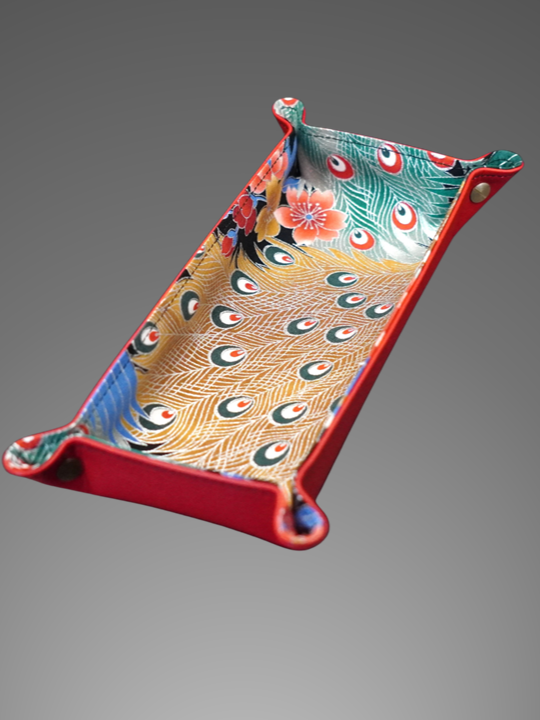Exclusive watch and jewelry tray – handmade unique pieces, model "Peacock Ookiku with silver Seika", red, 24 x 12