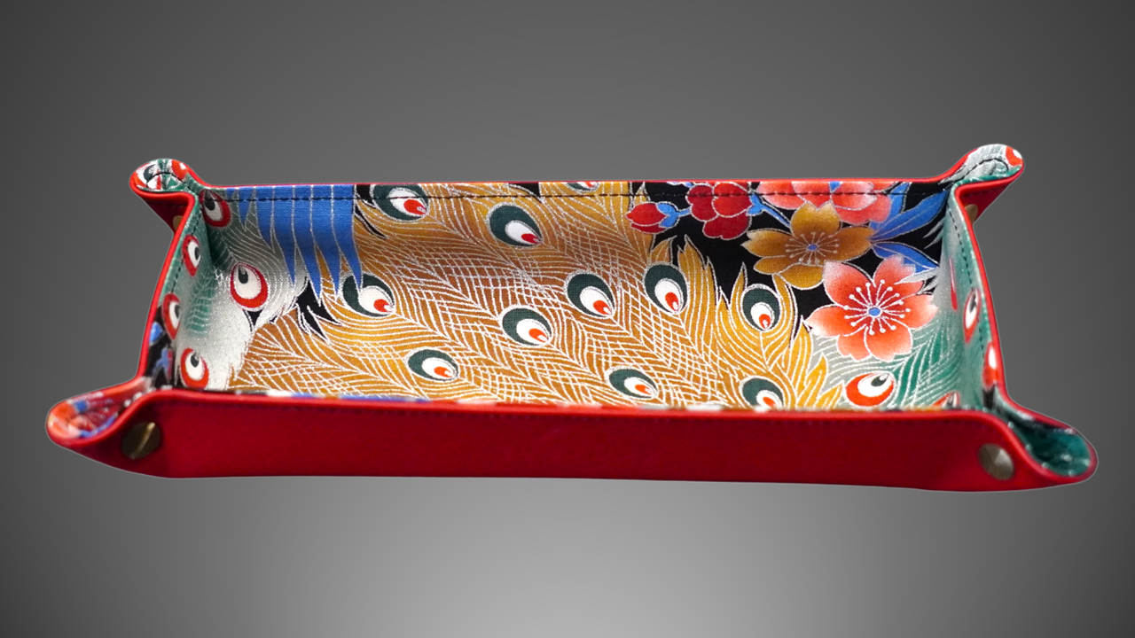 Exclusive watch and jewelry tray – handmade unique pieces, model "Peacock Ookiku with silver Seika", red, 24 x 12