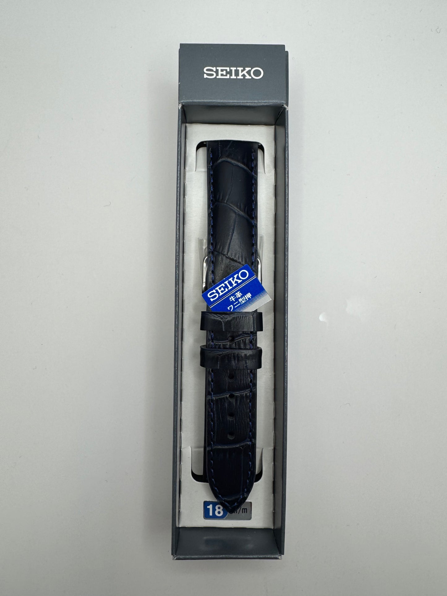 Original Seiko Lederarmband RS06S18NY (18–16) - dunkelblau mit silberfarbener Dornschließe (JDM)