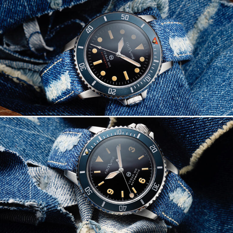 Outline Navy Diver with riveted steel bracelet + crushed denim strap (special set) Limited Edition