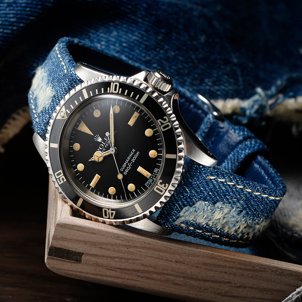 Outline Navy Diver with riveted steel bracelet + crushed denim strap (special set) Limited Edition