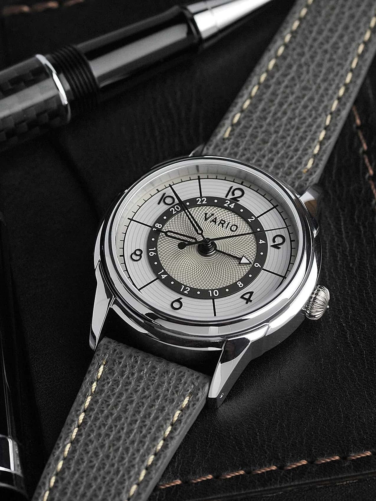 Vario Empire Seasons True GMT Winter White Handwound Dress Watch Epsom Pewter Gray Limited Edition 38 mm