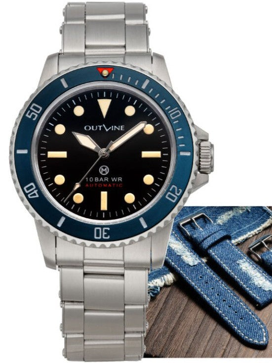 Outline Navy Diver with riveted steel bracelet + crushed denim strap (special set) Limited Edition