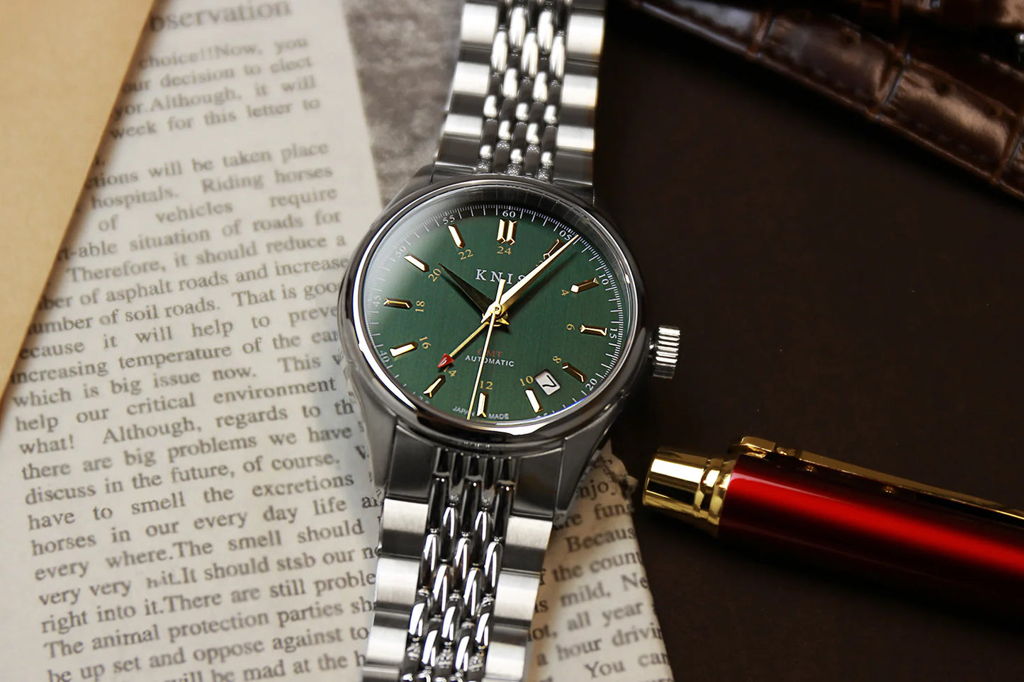 KNIS Classic GMT Automatik Grün - Rice Beads Bracelet 38 mm