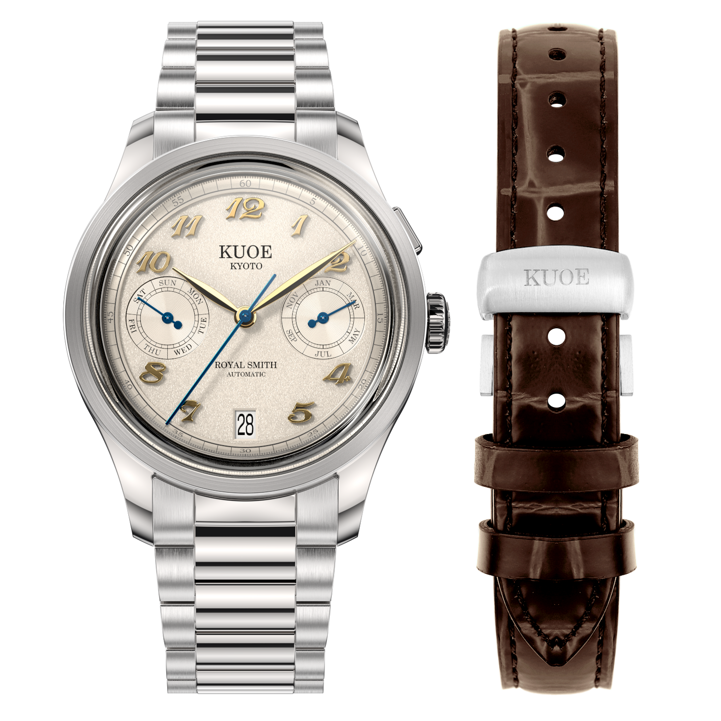 KUOE ROYAL SMITH 90-010 Automatic Ivory x Grainy Finish Dial x Flat Link Bracelet and Display Back