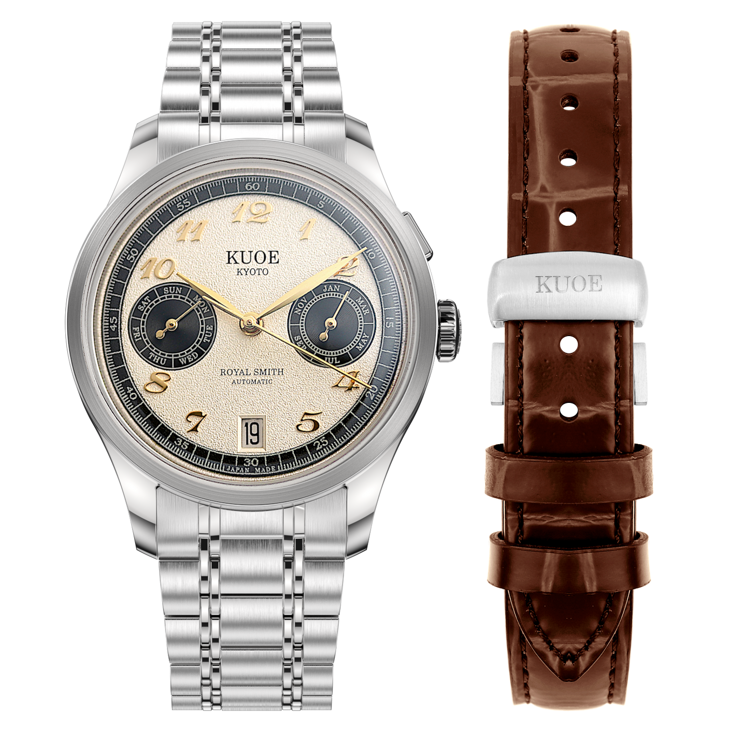 KUOE ROYAL SMITH 90-010 Automatic Panda x Grainy Finish Dial x Flat Link Bracelet and Display Back
