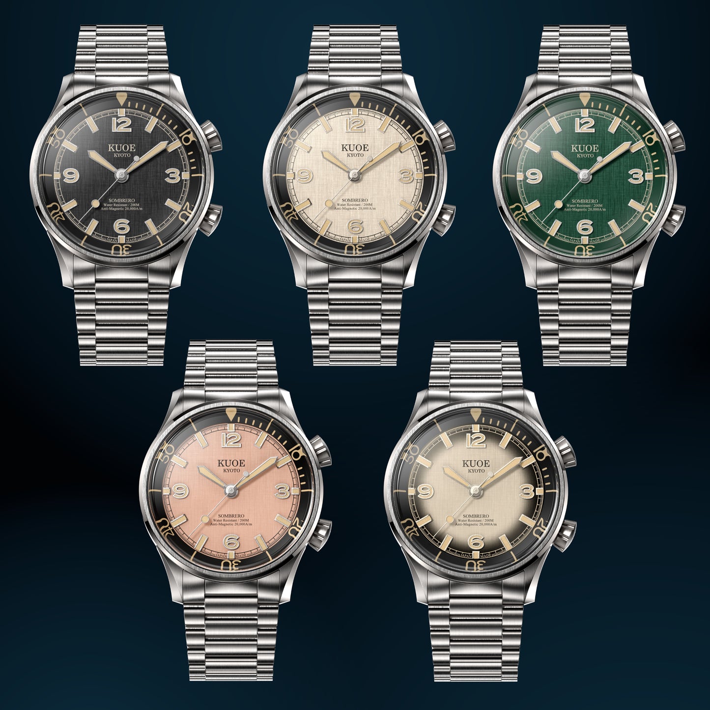 KUOE SOMBRERO 90-011, 38 mm, Green Linen Textured Dial, 20 BAR Wasserdicht