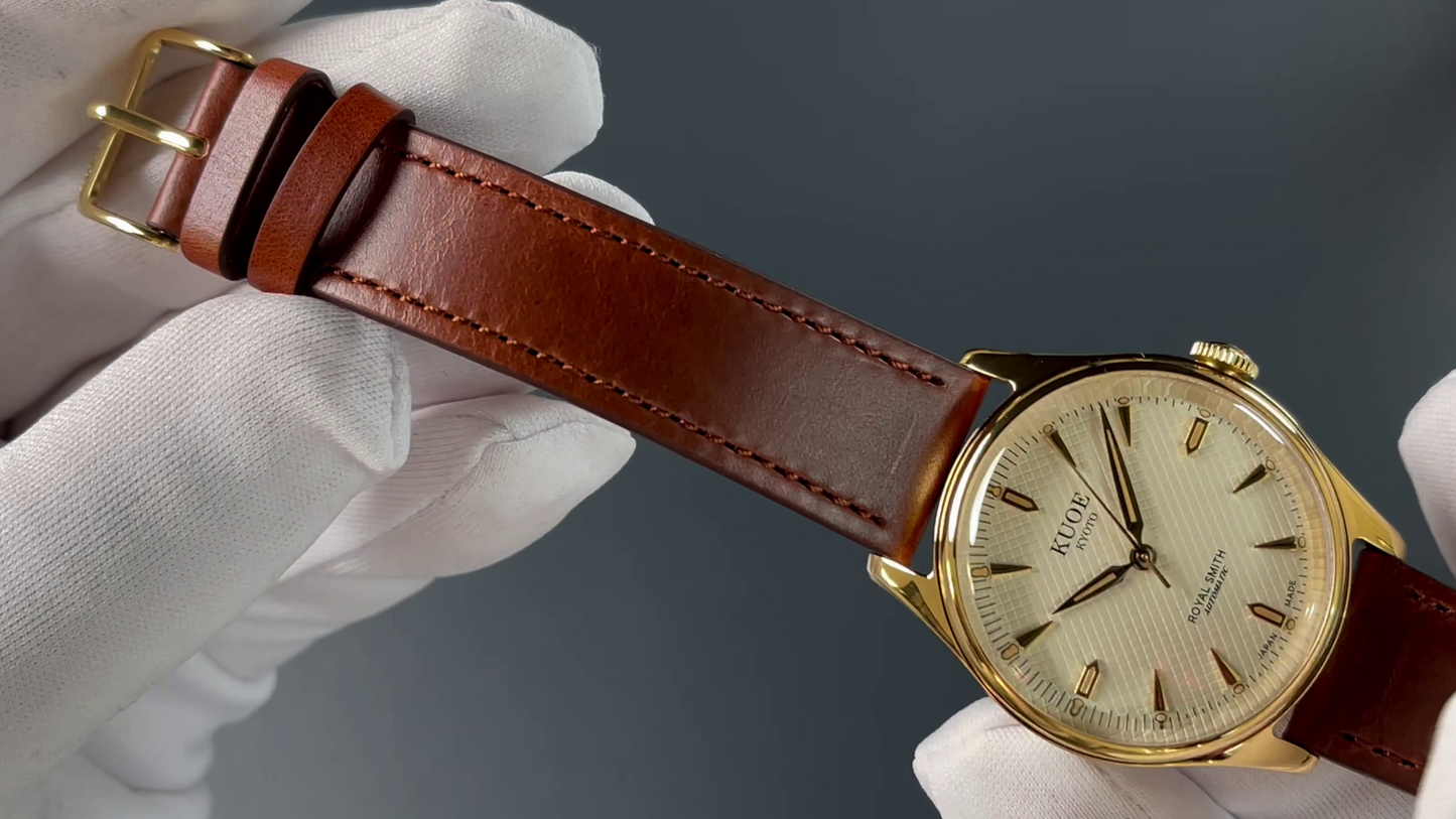 KUOE Original Leather Strap, 18mm, Brown, Italian Leather, Gold Clasp