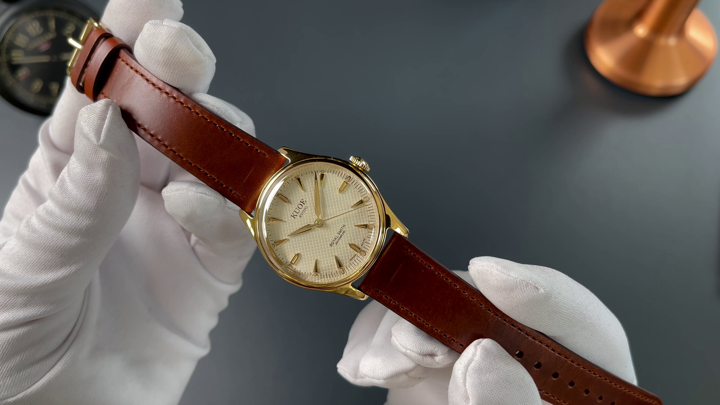 KUOE Original Leather Strap, 18mm, Brown, Italian Leather, Gold Clasp