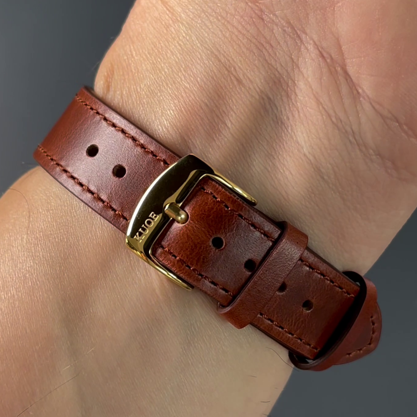 KUOE Original Leather Strap, 18mm, Brown, Italian Leather, Gold Clasp