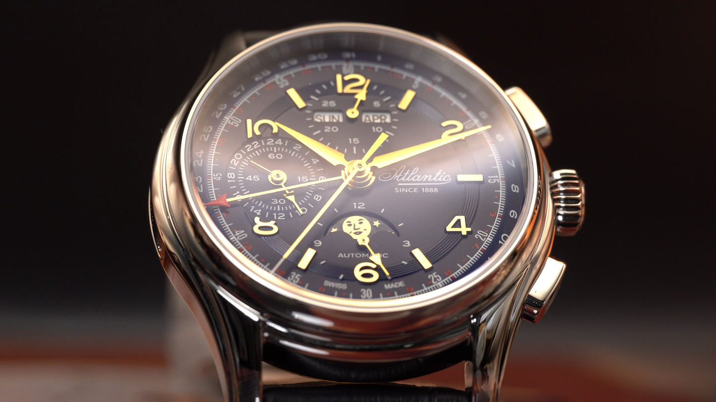 Atlantic Worldmaster 1888 Automatic Moonphase Chronograph Blau | Limited Edition mit goldenem Uhrwerk