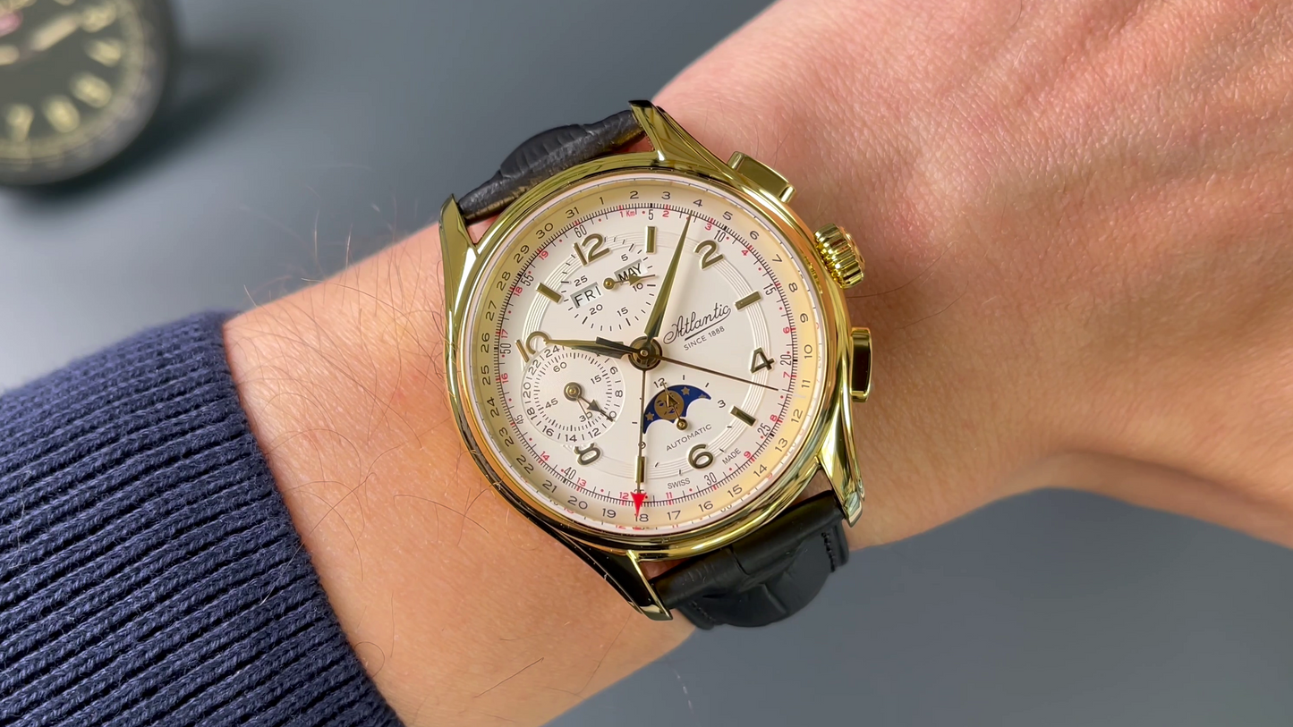 Atlantic Worldmaster 1888 Automatik-Chronograph mit Mondphase Gelbgold | Limitierte Auflage mit goldenem Uhrwerk