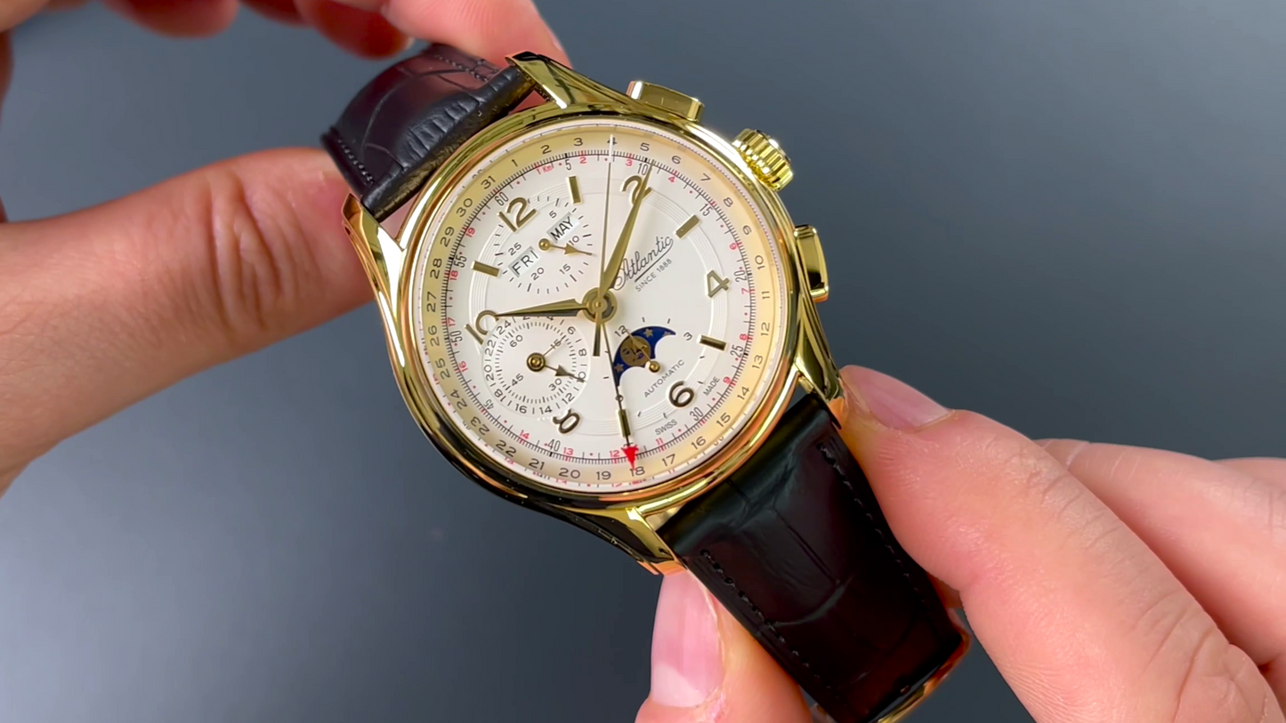 Atlantic Worldmaster 1888 Automatik-Chronograph mit Mondphase Gelbgold | Limitierte Auflage mit goldenem Uhrwerk