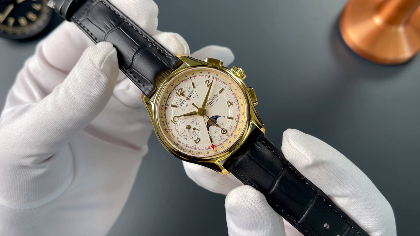 Atlantic Worldmaster 1888 Automatik-Chronograph mit Mondphase Gelbgold | Limitierte Auflage mit goldenem Uhrwerk