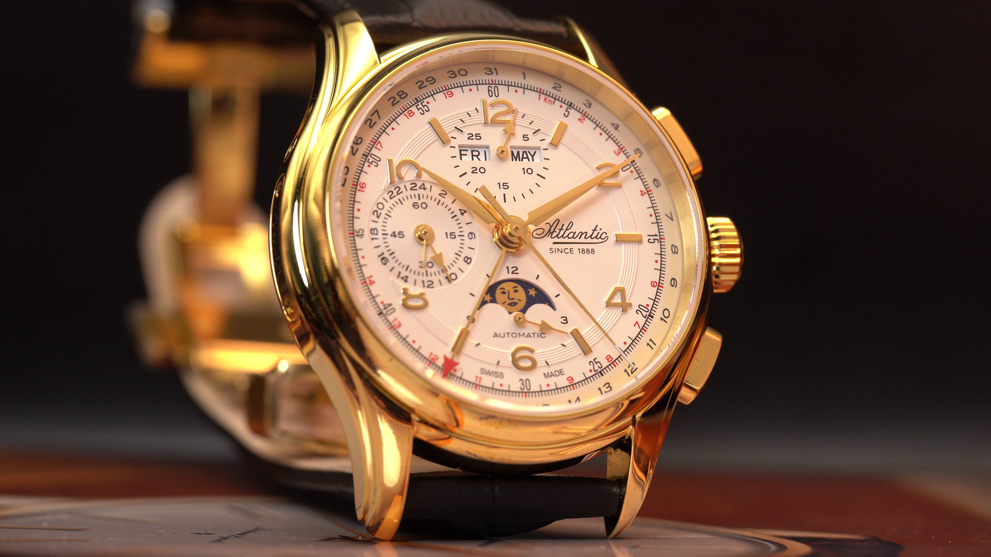 Atlantic Worldmaster 1888 Automatik-Chronograph mit Mondphase Gelbgold | Limitierte Auflage mit goldenem Uhrwerk