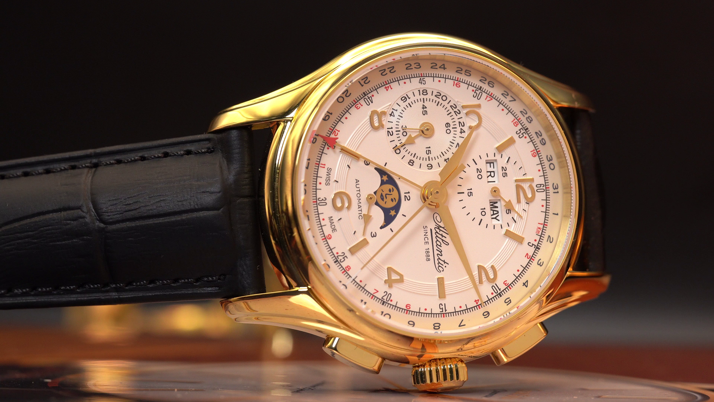 Atlantic Worldmaster 1888 Automatik-Chronograph mit Mondphase Gelbgold | Limitierte Auflage mit goldenem Uhrwerk