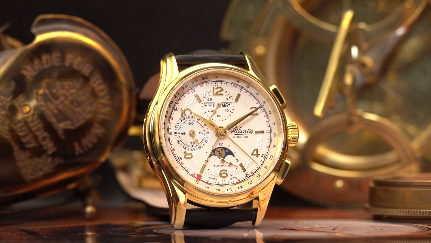 Atlantic Worldmaster 1888 Automatik-Chronograph mit Mondphase Gelbgold | Limitierte Auflage mit goldenem Uhrwerk