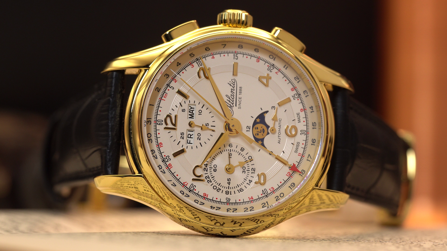 Atlantic Worldmaster 1888 Automatik-Chronograph mit Mondphase Gelbgold | Limitierte Auflage mit goldenem Uhrwerk