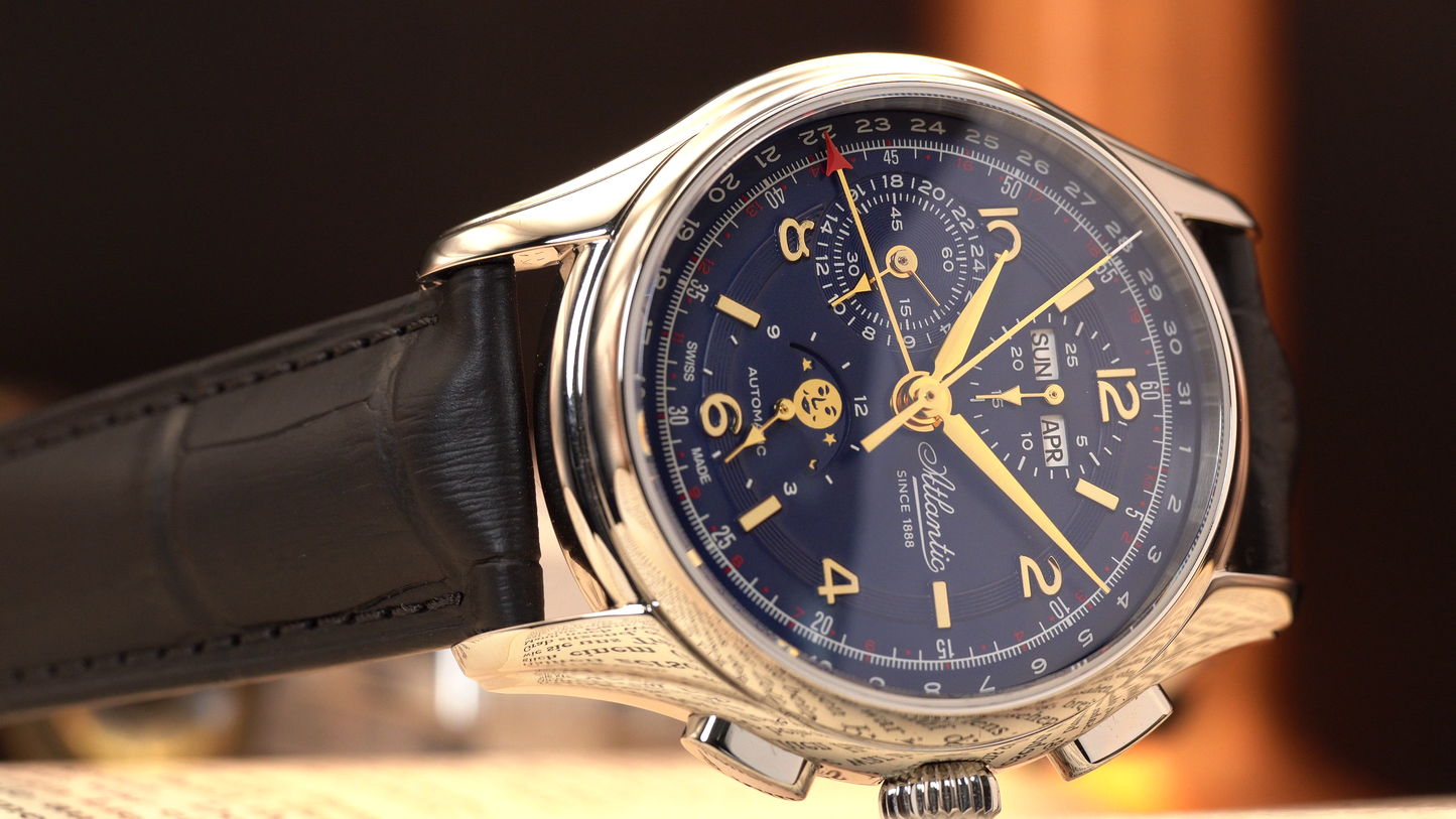Atlantic Worldmaster 1888 Automatic Moonphase Chronograph Blau | Limited Edition mit goldenem Uhrwerk
