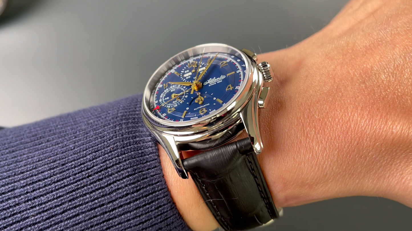 Atlantic Worldmaster 1888 Automatic Moonphase Chronograph Blau | Limited Edition mit goldenem Uhrwerk