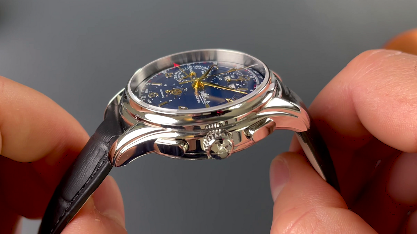 Atlantic Worldmaster 1888 Automatic Moonphase Chronograph Blau | Limited Edition mit goldenem Uhrwerk