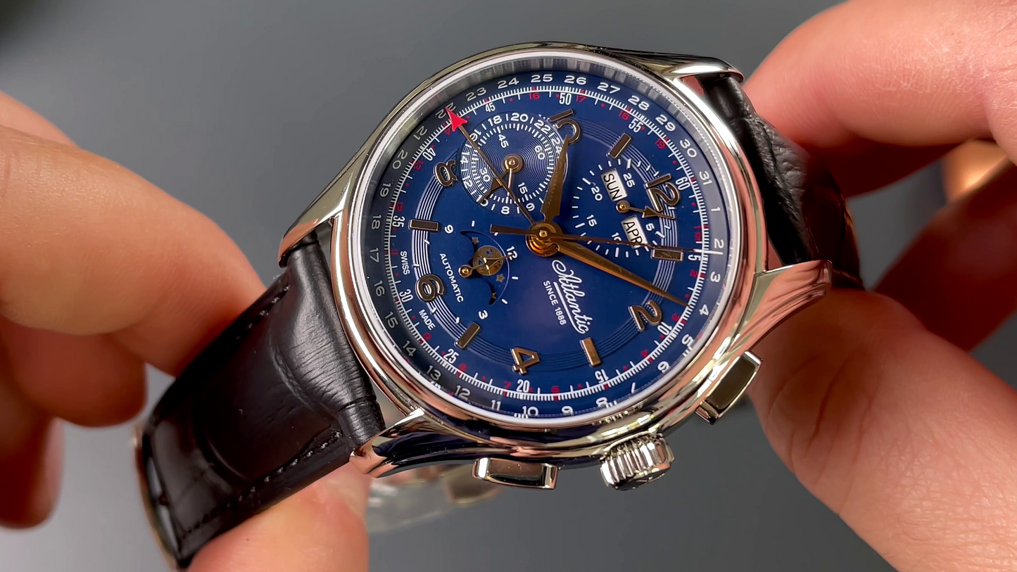 Atlantic Worldmaster 1888 Automatic Moonphase Chronograph Blau | Limited Edition mit goldenem Uhrwerk