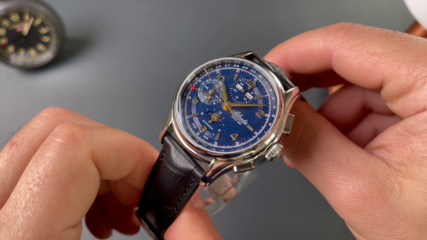 Atlantic Worldmaster 1888 Automatic Moonphase Chronograph Blau | Limited Edition mit goldenem Uhrwerk