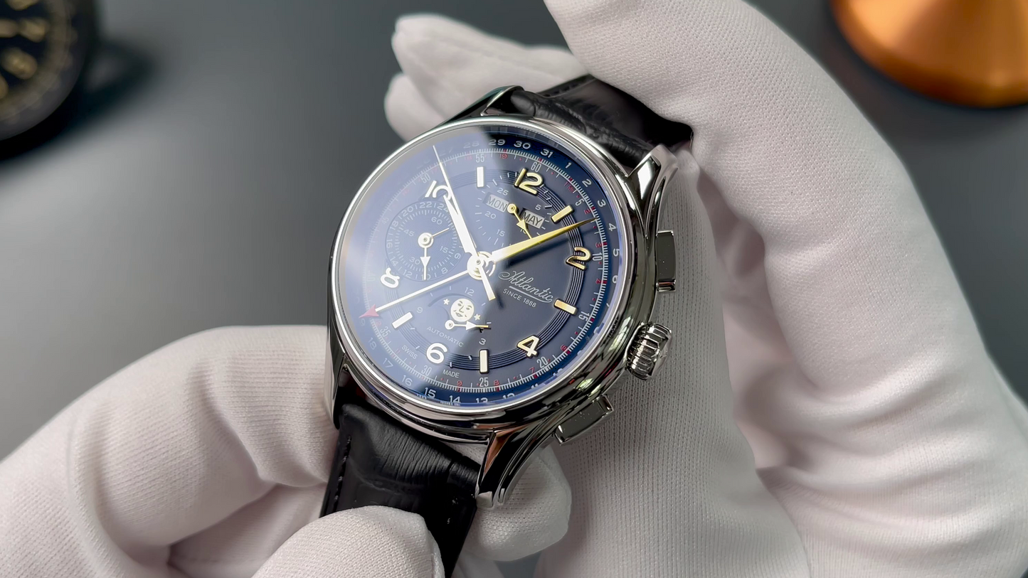 Atlantic Worldmaster 1888 Automatic Moonphase Chronograph Blau | Limited Edition mit goldenem Uhrwerk
