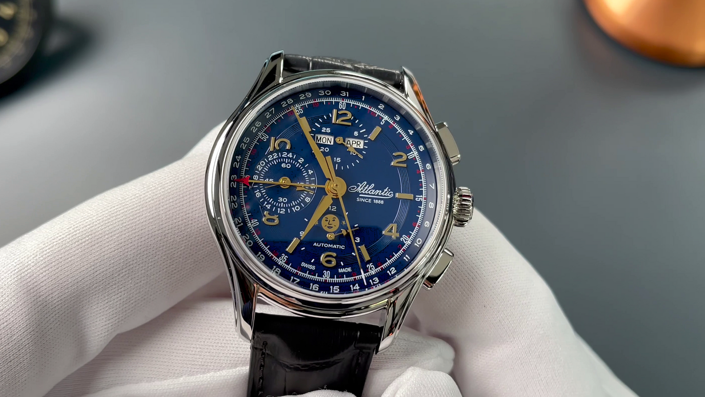 Atlantic Worldmaster 1888 Automatic Moonphase Chronograph Blau | Limited Edition mit goldenem Uhrwerk