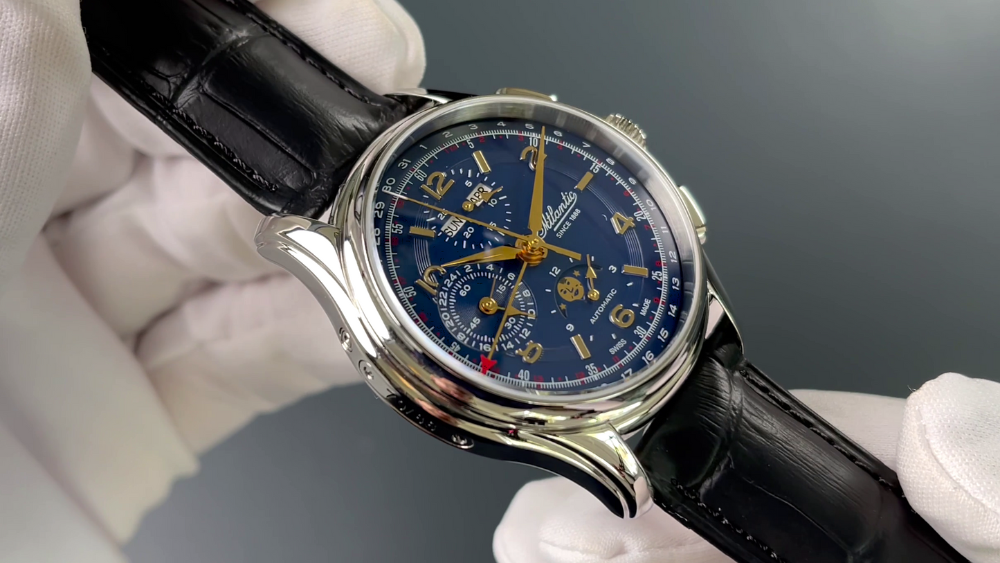 Atlantic Worldmaster 1888 Automatic Moonphase Chronograph Blau | Limited Edition mit goldenem Uhrwerk